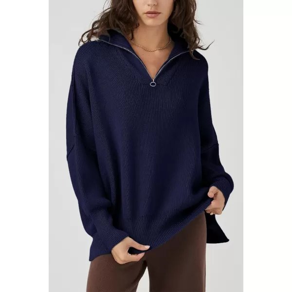 imagePRETTYGARDEN Womens Fall Pullover Oversized Sweaters Casual Long Sleeve Zip Up Lapel V Neck Knitted Winter TopsNavy