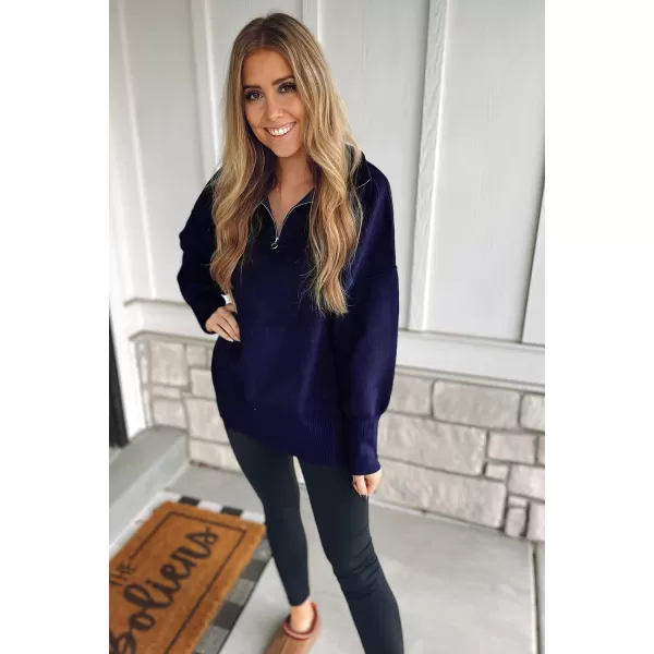 imagePRETTYGARDEN Womens Fall Pullover Oversized Sweaters Casual Long Sleeve Zip Up Lapel V Neck Knitted Winter TopsNavy