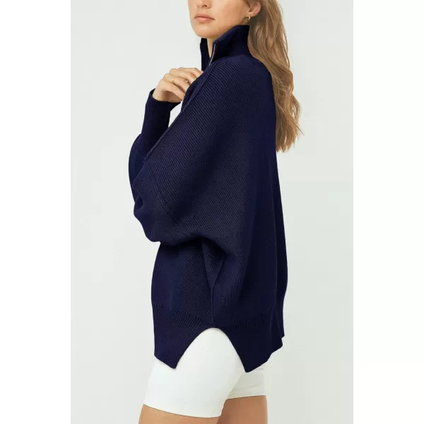 imagePRETTYGARDEN Womens Fall Pullover Oversized Sweaters Casual Long Sleeve Zip Up Lapel V Neck Knitted Winter TopsNavy