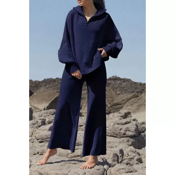 imagePRETTYGARDEN Womens Fall Pullover Oversized Sweaters Casual Long Sleeve Zip Up Lapel V Neck Knitted Winter TopsNavy