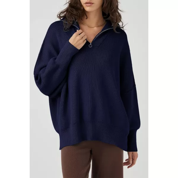imagePRETTYGARDEN Womens Fall Pullover Oversized Sweaters Casual Long Sleeve Zip Up Lapel V Neck Knitted Winter TopsNavy