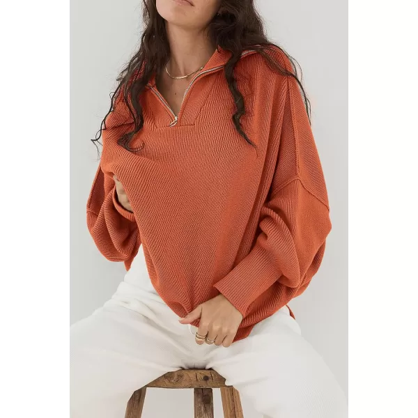 imagePRETTYGARDEN Womens Fall Pullover Oversized Sweaters Casual Long Sleeve Zip Up Lapel V Neck Knitted Winter TopsRust Red
