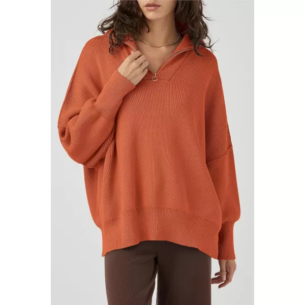 imagePRETTYGARDEN Womens Fall Pullover Oversized Sweaters Casual Long Sleeve Zip Up Lapel V Neck Knitted Winter TopsRust Red