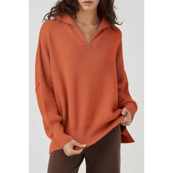 imagePRETTYGARDEN Womens Fall Pullover Oversized Sweaters Casual Long Sleeve Zip Up Lapel V Neck Knitted Winter TopsRust Red