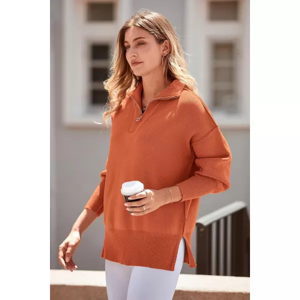 imagePRETTYGARDEN Womens Fall Pullover Oversized Sweaters Casual Long Sleeve Zip Up Lapel V Neck Knitted Winter TopsRust Red