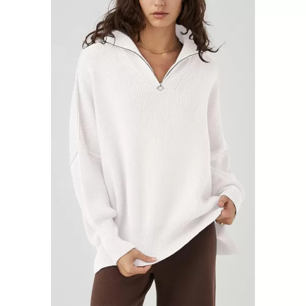 imagePRETTYGARDEN Womens Fall Pullover Oversized Sweaters Casual Long Sleeve Zip Up Lapel V Neck Knitted Winter TopsWhite