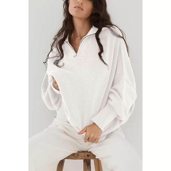 imagePRETTYGARDEN Womens Fall Pullover Oversized Sweaters Casual Long Sleeve Zip Up Lapel V Neck Knitted Winter TopsWhite