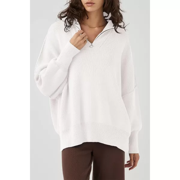 imagePRETTYGARDEN Womens Fall Pullover Oversized Sweaters Casual Long Sleeve Zip Up Lapel V Neck Knitted Winter TopsWhite
