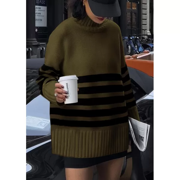 imagePRETTYGARDEN Womens Striped Sweaters Turtleneck Long Sleeve Tops Fall Outfits 2024 Trendy Oversized Knit Casual PulloverArmy Green