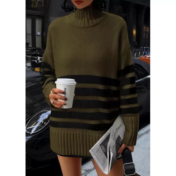 imagePRETTYGARDEN Womens Striped Sweaters Turtleneck Long Sleeve Tops Fall Outfits 2024 Trendy Oversized Knit Casual PulloverArmy Green