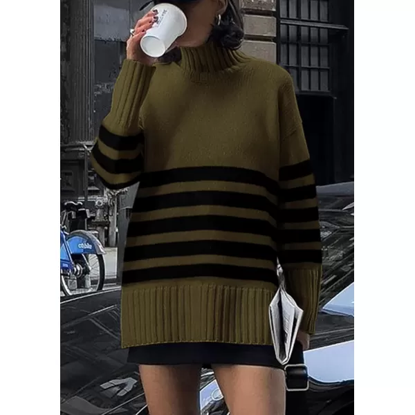 imagePRETTYGARDEN Womens Striped Sweaters Turtleneck Long Sleeve Tops Fall Outfits 2024 Trendy Oversized Knit Casual PulloverArmy Green
