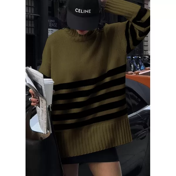 imagePRETTYGARDEN Womens Striped Sweaters Turtleneck Long Sleeve Tops Fall Outfits 2024 Trendy Oversized Knit Casual PulloverArmy Green