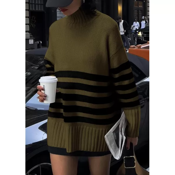 imagePRETTYGARDEN Womens Striped Sweaters Turtleneck Long Sleeve Tops Fall Outfits 2024 Trendy Oversized Knit Casual PulloverArmy Green