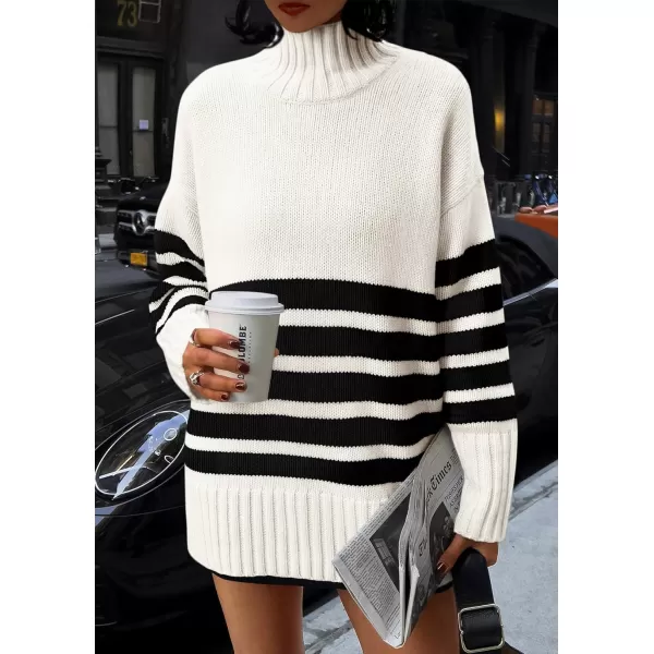 imagePRETTYGARDEN Womens Striped Sweaters Turtleneck Long Sleeve Tops Fall Outfits 2024 Trendy Oversized Knit Casual PulloverBeige White