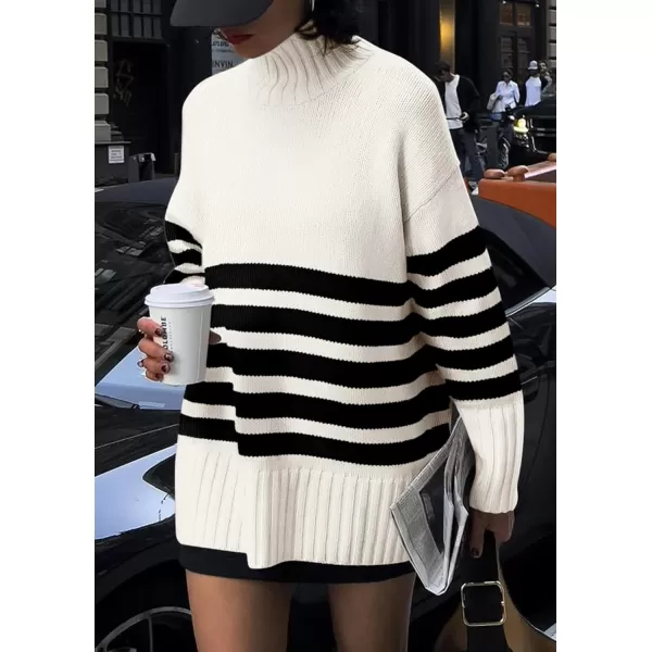 imagePRETTYGARDEN Womens Striped Sweaters Turtleneck Long Sleeve Tops Fall Outfits 2024 Trendy Oversized Knit Casual PulloverBeige White
