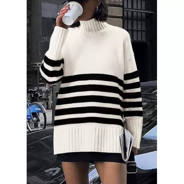 imagePRETTYGARDEN Womens Striped Sweaters Turtleneck Long Sleeve Tops Fall Outfits 2024 Trendy Oversized Knit Casual PulloverBeige White