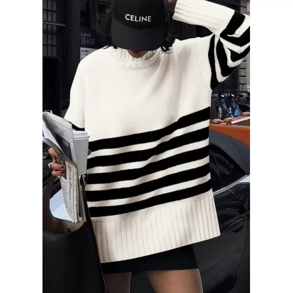imagePRETTYGARDEN Womens Striped Sweaters Turtleneck Long Sleeve Tops Fall Outfits 2024 Trendy Oversized Knit Casual PulloverBeige White