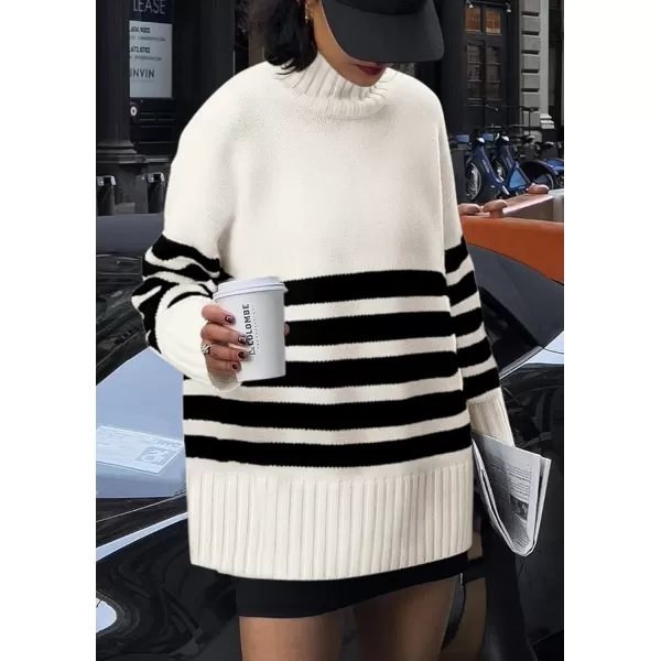 imagePRETTYGARDEN Womens Striped Sweaters Turtleneck Long Sleeve Tops Fall Outfits 2024 Trendy Oversized Knit Casual PulloverBeige White