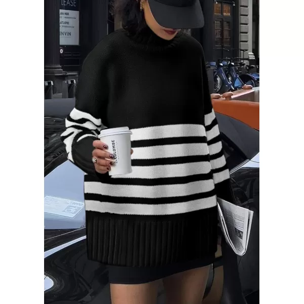 imagePRETTYGARDEN Womens Striped Sweaters Turtleneck Long Sleeve Tops Fall Outfits 2024 Trendy Oversized Knit Casual PulloverBlack