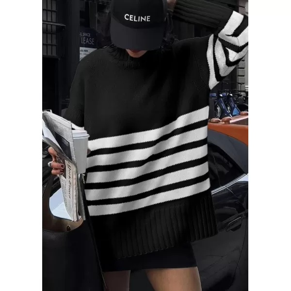 imagePRETTYGARDEN Womens Striped Sweaters Turtleneck Long Sleeve Tops Fall Outfits 2024 Trendy Oversized Knit Casual PulloverBlack