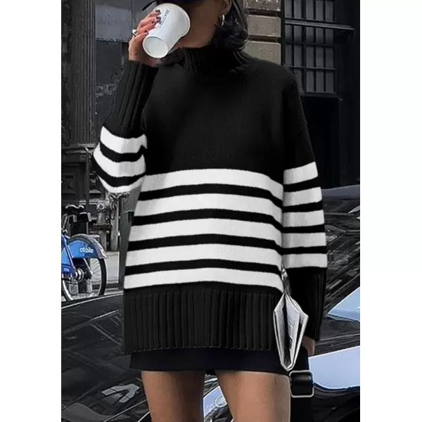 imagePRETTYGARDEN Womens Striped Sweaters Turtleneck Long Sleeve Tops Fall Outfits 2024 Trendy Oversized Knit Casual PulloverBlack