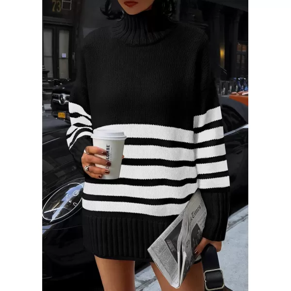 imagePRETTYGARDEN Womens Striped Sweaters Turtleneck Long Sleeve Tops Fall Outfits 2024 Trendy Oversized Knit Casual PulloverBlack