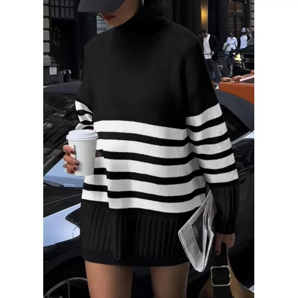 imagePRETTYGARDEN Womens Striped Sweaters Turtleneck Long Sleeve Tops Fall Outfits 2024 Trendy Oversized Knit Casual PulloverBlack