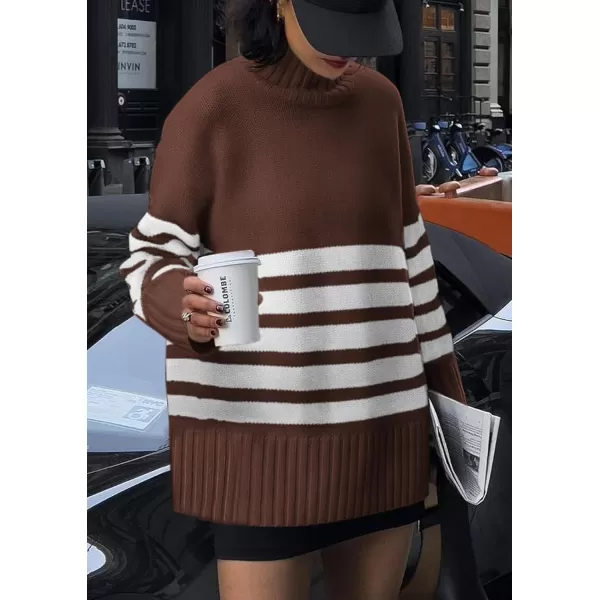 imagePRETTYGARDEN Womens Striped Sweaters Turtleneck Long Sleeve Tops Fall Outfits 2024 Trendy Oversized Knit Casual PulloverCoffee