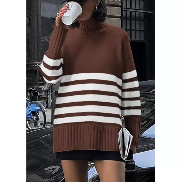 imagePRETTYGARDEN Womens Striped Sweaters Turtleneck Long Sleeve Tops Fall Outfits 2024 Trendy Oversized Knit Casual PulloverCoffee