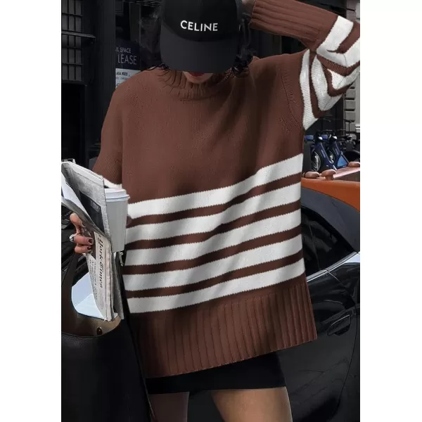 imagePRETTYGARDEN Womens Striped Sweaters Turtleneck Long Sleeve Tops Fall Outfits 2024 Trendy Oversized Knit Casual PulloverCoffee