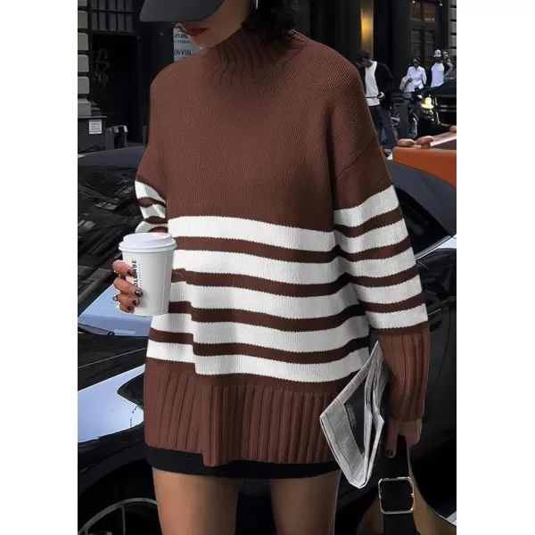 imagePRETTYGARDEN Womens Striped Sweaters Turtleneck Long Sleeve Tops Fall Outfits 2024 Trendy Oversized Knit Casual PulloverCoffee