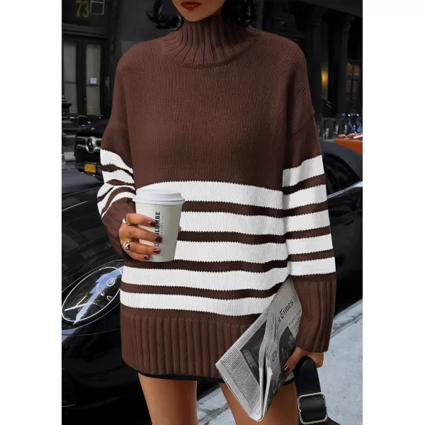 imagePRETTYGARDEN Womens Striped Sweaters Turtleneck Long Sleeve Tops Fall Outfits 2024 Trendy Oversized Knit Casual PulloverCoffee