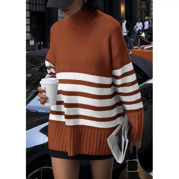 imagePRETTYGARDEN Womens Striped Sweaters Turtleneck Long Sleeve Tops Fall Outfits 2024 Trendy Oversized Knit Casual PulloverRust Red