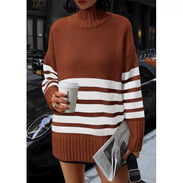 imagePRETTYGARDEN Womens Striped Sweaters Turtleneck Long Sleeve Tops Fall Outfits 2024 Trendy Oversized Knit Casual PulloverRust Red