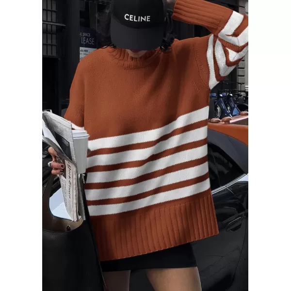 imagePRETTYGARDEN Womens Striped Sweaters Turtleneck Long Sleeve Tops Fall Outfits 2024 Trendy Oversized Knit Casual PulloverRust Red
