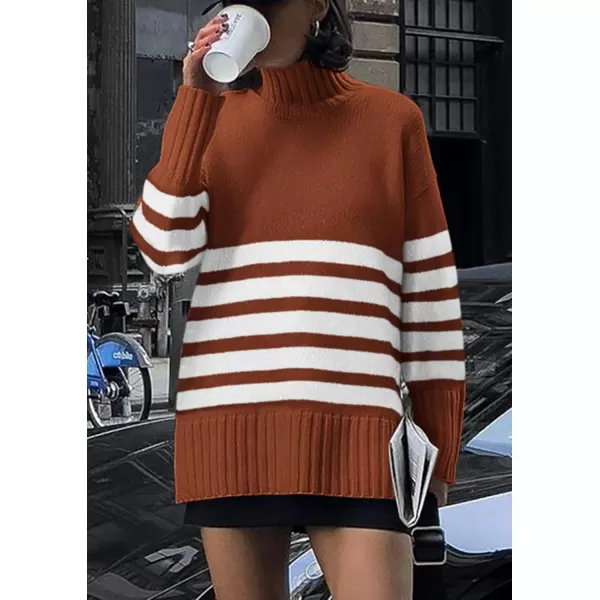 imagePRETTYGARDEN Womens Striped Sweaters Turtleneck Long Sleeve Tops Fall Outfits 2024 Trendy Oversized Knit Casual PulloverRust Red