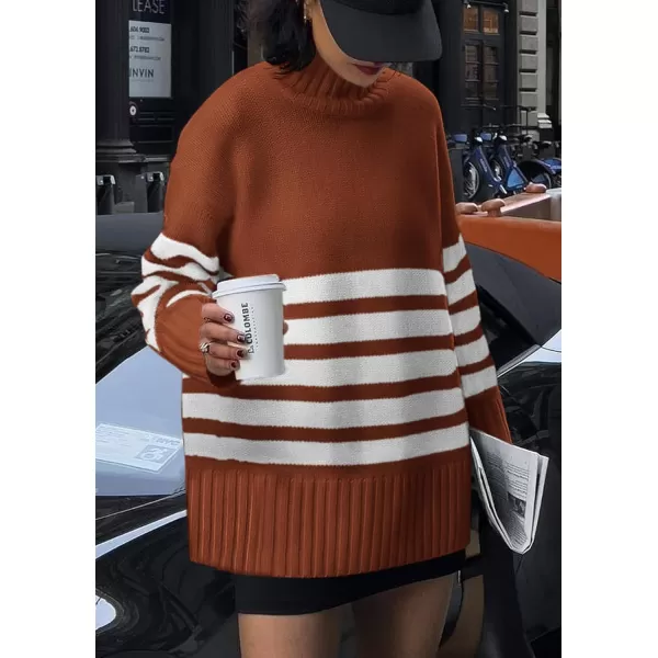 imagePRETTYGARDEN Womens Striped Sweaters Turtleneck Long Sleeve Tops Fall Outfits 2024 Trendy Oversized Knit Casual PulloverRust Red