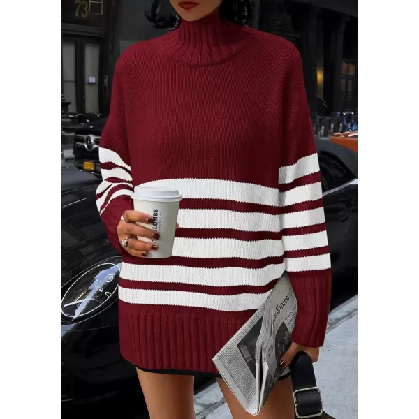 imagePRETTYGARDEN Womens Striped Sweaters Turtleneck Long Sleeve Tops Fall Outfits 2024 Trendy Oversized Knit Casual PulloverWine Red