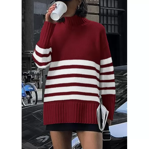 imagePRETTYGARDEN Womens Striped Sweaters Turtleneck Long Sleeve Tops Fall Outfits 2024 Trendy Oversized Knit Casual PulloverWine Red
