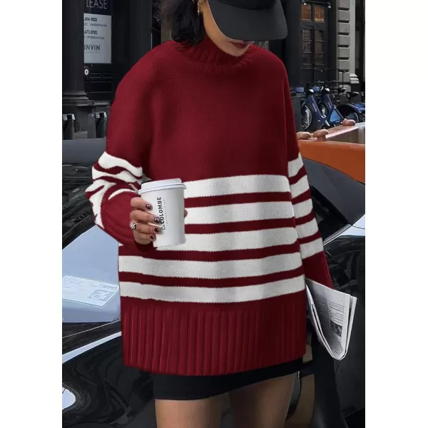 imagePRETTYGARDEN Womens Striped Sweaters Turtleneck Long Sleeve Tops Fall Outfits 2024 Trendy Oversized Knit Casual PulloverWine Red