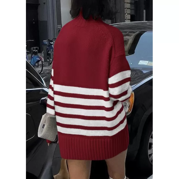 imagePRETTYGARDEN Womens Striped Sweaters Turtleneck Long Sleeve Tops Fall Outfits 2024 Trendy Oversized Knit Casual PulloverWine Red
