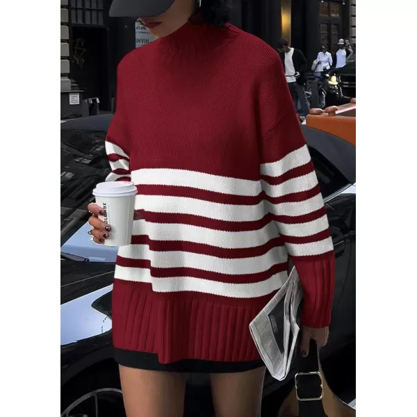 imagePRETTYGARDEN Womens Striped Sweaters Turtleneck Long Sleeve Tops Fall Outfits 2024 Trendy Oversized Knit Casual PulloverWine Red