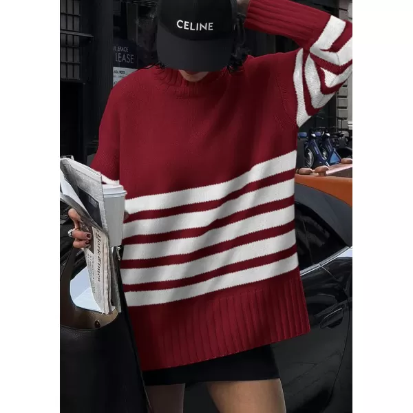 imagePRETTYGARDEN Womens Striped Sweaters Turtleneck Long Sleeve Tops Fall Outfits 2024 Trendy Oversized Knit Casual PulloverWine Red