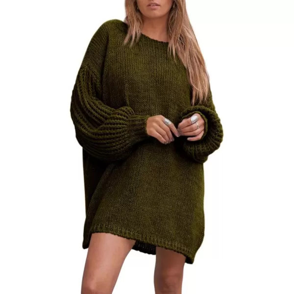 imagePRETTYGARDEN Womens 2024 Fall Pullover Sweaters Long Lantern Sleeve Crewneck Chunky Knit Slouchy Sweater DressArmy Green