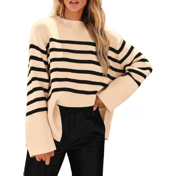 imagePRETTYGARDEN Womens 2024 Fall Striped Sweater Oversized Long Sleeve Crew Neck Side Slit Casual Trendy Knit Pullover SweatersBeige