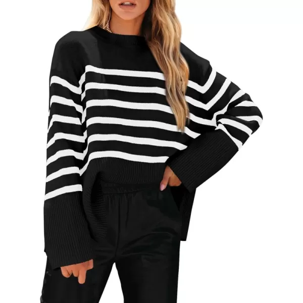 imagePRETTYGARDEN Womens 2024 Fall Striped Sweater Oversized Long Sleeve Crew Neck Side Slit Casual Trendy Knit Pullover SweatersBlack