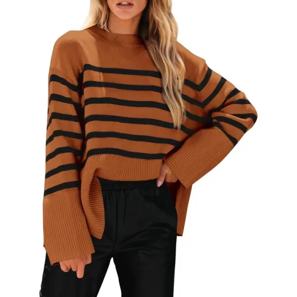 imagePRETTYGARDEN Womens 2024 Fall Striped Sweater Oversized Long Sleeve Crew Neck Side Slit Casual Trendy Knit Pullover SweatersBrown
