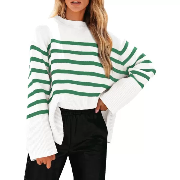 imagePRETTYGARDEN Womens 2024 Fall Striped Sweater Oversized Long Sleeve Crew Neck Side Slit Casual Trendy Knit Pullover SweatersGreen