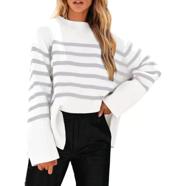 imagePRETTYGARDEN Womens 2024 Fall Striped Sweater Oversized Long Sleeve Crew Neck Side Slit Casual Trendy Knit Pullover SweatersGrey