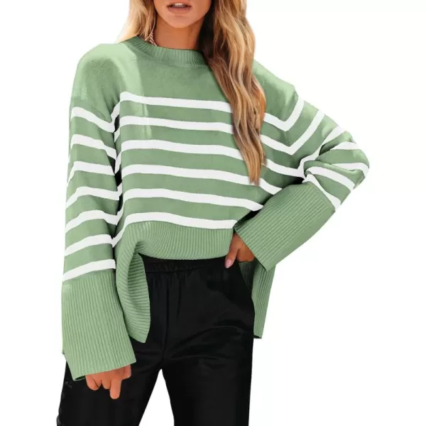 imagePRETTYGARDEN Womens 2024 Fall Striped Sweater Oversized Long Sleeve Crew Neck Side Slit Casual Trendy Knit Pullover SweatersLight Green